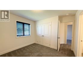 A bedroom with a window, carpeted floor, and a door leading to another room.