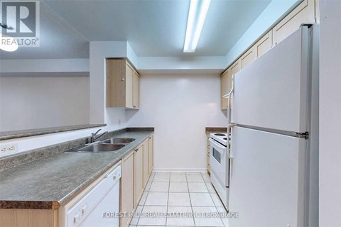 A kitchen with a white fridge, sink and cabinets.