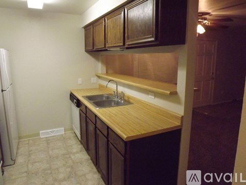 A kitchen with wooden cabinets and a sink.