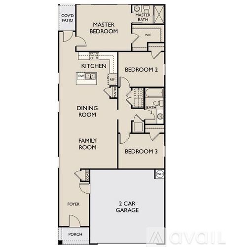 A floor plan of a house with a master bedroom, two bathrooms, a kitchen, dining room, family room, and a 2 car garage.