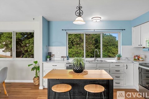 A kitchen with a blue wall and a wooden table with a plant on it.