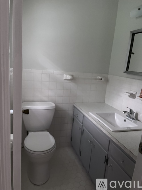 A white toilet is in a bathroom with a sink and mirror.
