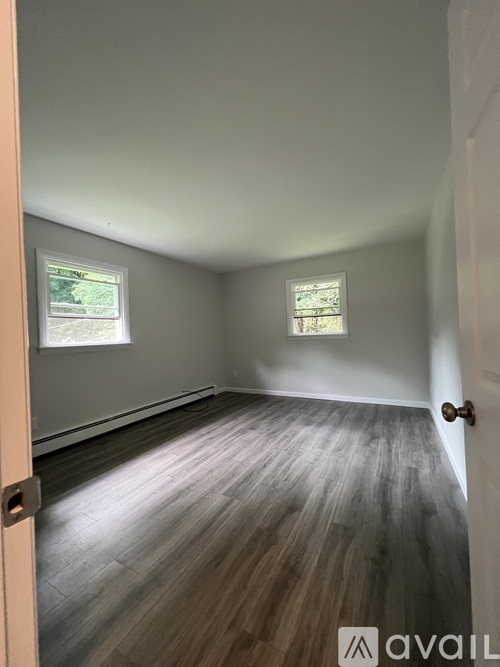 A room with wooden flooring and two windows.