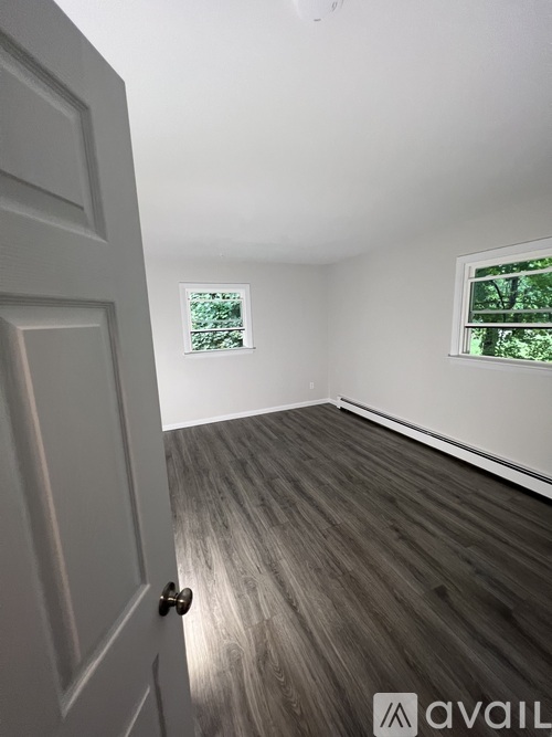 A room with a white door and a window with a view of trees.