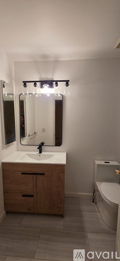 A bathroom with a sink, mirror, and toilet.