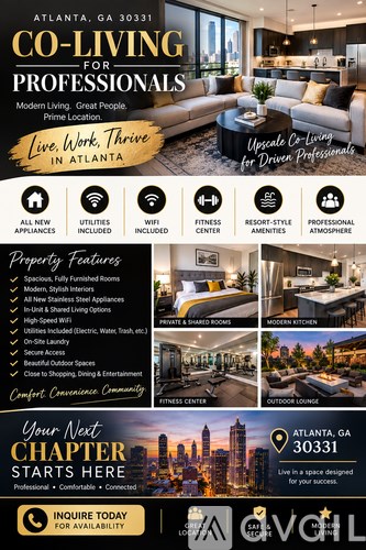 A flyer advertises a co-living space for professionals in Atlanta, GA, highlighting features like a fitness center, on-site laundry, and a rooftop terrace.