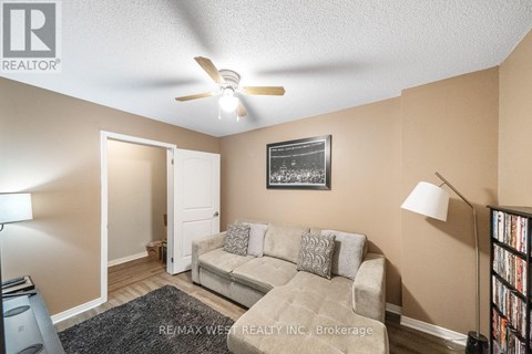 A living room with a couch, a ceiling fan, and a picture on the wall.