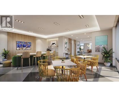 A modern dining room with a large table and chairs.