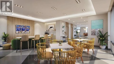 A modern dining room with a large table and chairs.