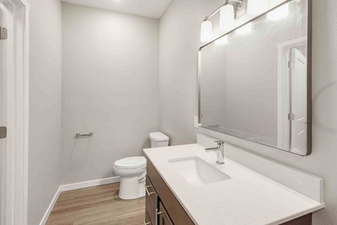 A white sink in a bathroom with a toilet and a mirror.