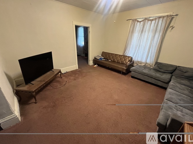 A living room with a brown carpet and a grey couch.