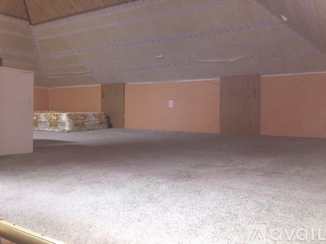 A room with a carpeted floor and a wall with a switch.