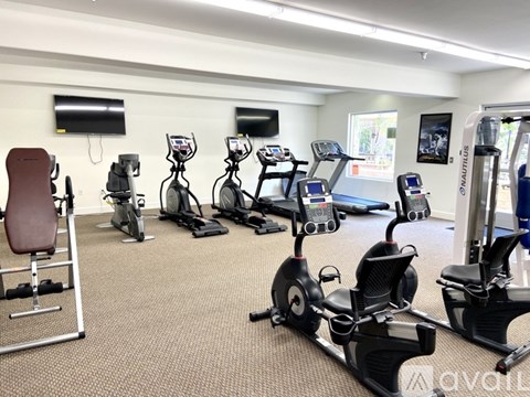 A gym with a variety of exercise equipment including treadmills, stationary bikes, and weight machines.