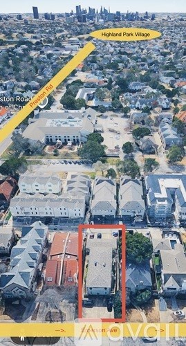 A bird's eye view of a city with Highland Park Village labeled.