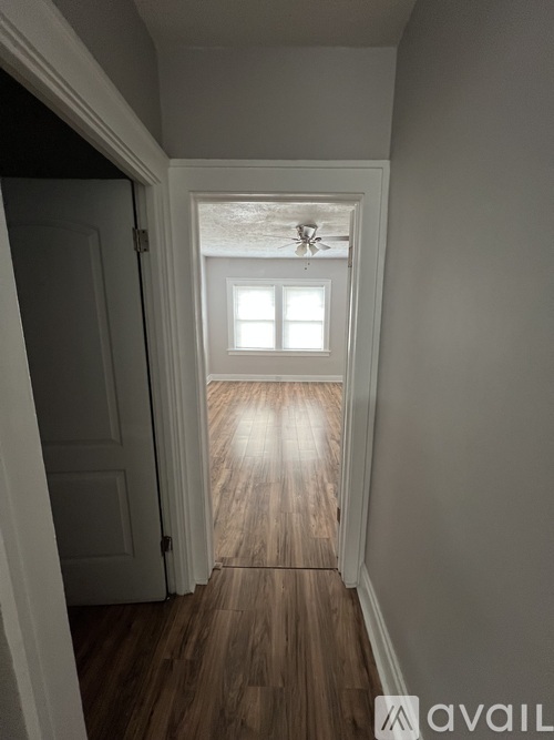 A hallway with a wooden floor and a white door.