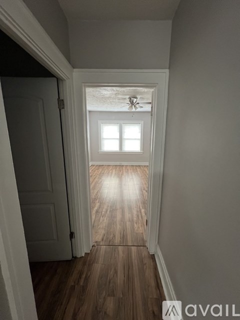 A hallway with a wooden floor and a white door.