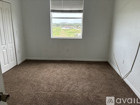 A room with a carpeted floor and a window overlooking a green landscape.