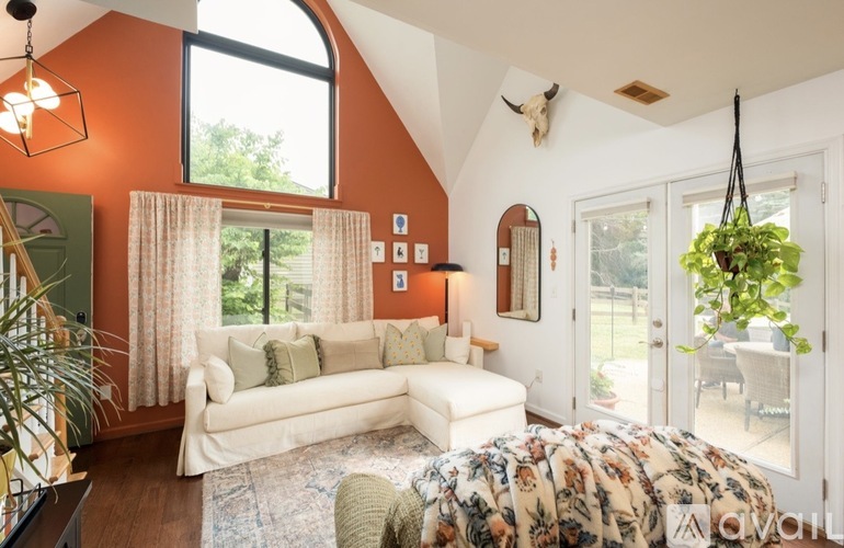 A living room with a white couch and a hanging plant.