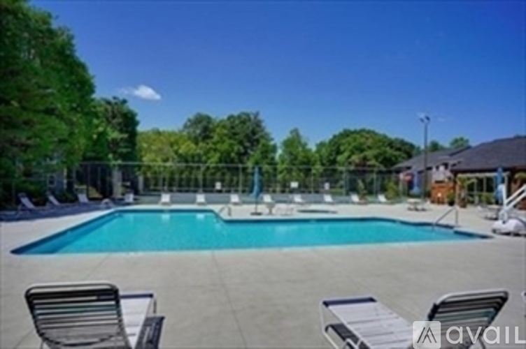 A pool surrounded by trees and chairs.