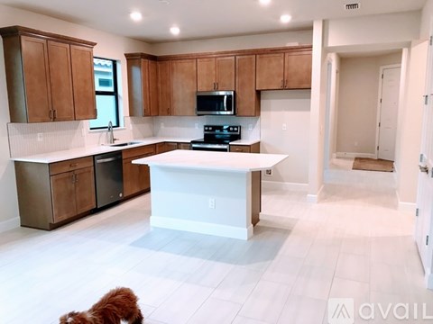 A dog is sitting on the floor in a kitchen with wooden cabinets and a white island.