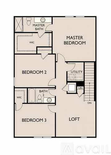 A floor plan of an apartment with three bedrooms and a loft.