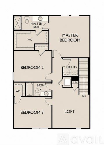 A floor plan of an apartment with three bedrooms and a loft.