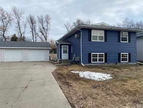 A blue house with a white garage door and a small tree in front.