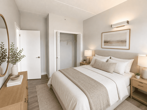 A bedroom with a large bed and a mirror on the wall.