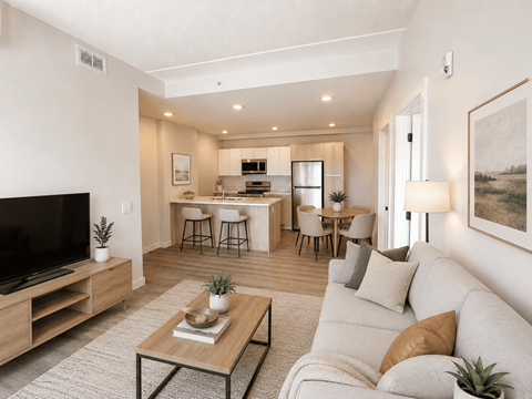 A modern living room with a grey sofa, a wooden coffee table, and a television.