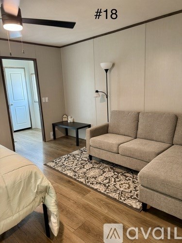 A living room with a beige couch and a black and white patterned rug.