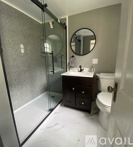 A bathroom with a sink, toilet, and glass shower stall.
