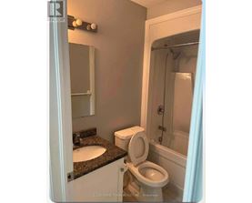A white toilet is in a bathroom with a sink and mirror.