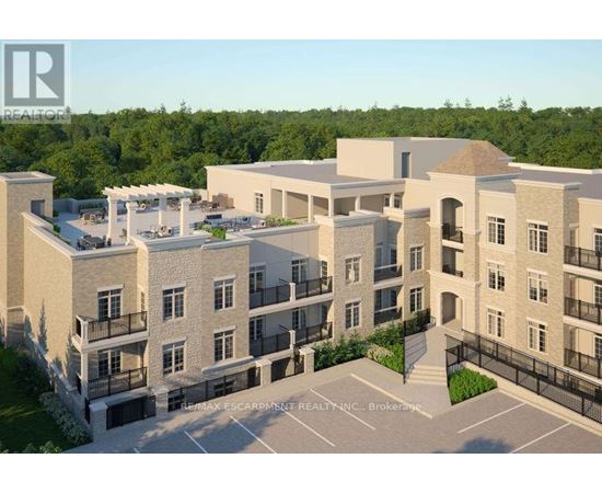 A rendering of a multi-story residential building with a parking lot in front.