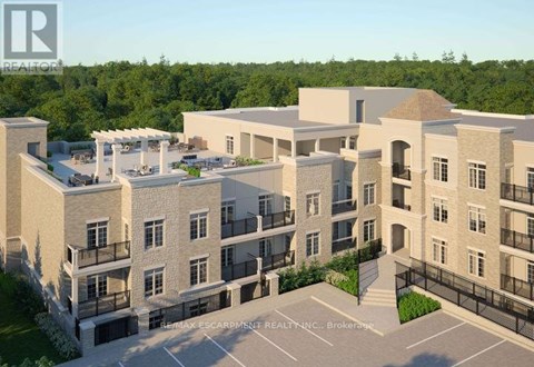 A rendering of a multi-story residential building with a parking lot in front.