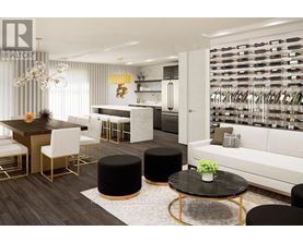 A modern living room with a dining area and a wine rack.