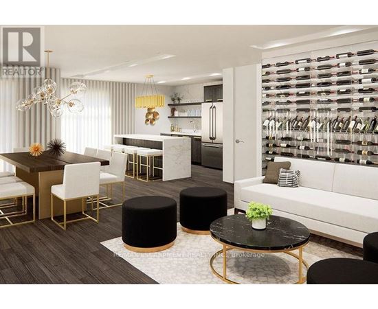 A modern living room with a dining area and a wine rack.