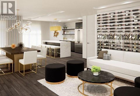 A modern living room with a dining area and a wine rack.