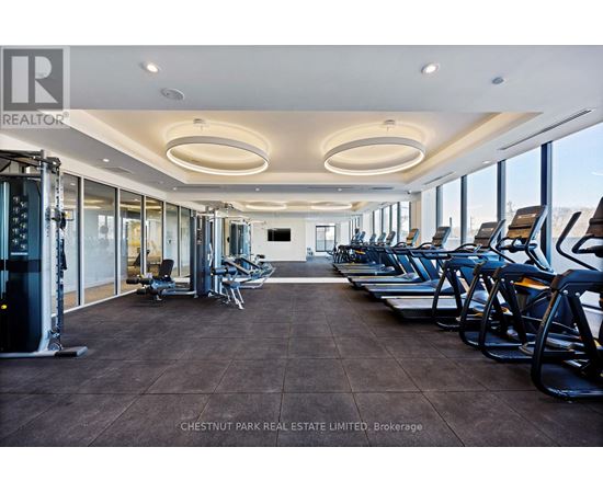 A gym with treadmills, weights, and exercise machines.