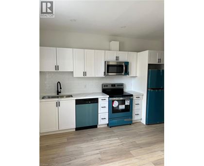 A kitchen with white cabinets and a blue dishwasher.