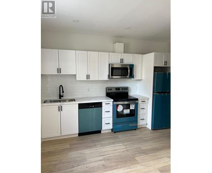 A kitchen with white cabinets and a blue dishwasher.
