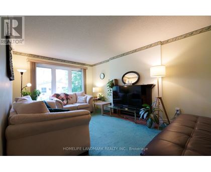 A living room with a brown couch, a white couch, a television, and a plant.