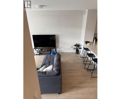 A living room with a grey couch and a television.