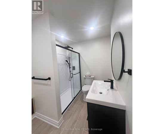 A bathroom with a sink, mirror, and shower.