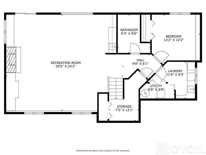 A floor plan of a house with a bathroom, bedroom, laundry, and storage room.