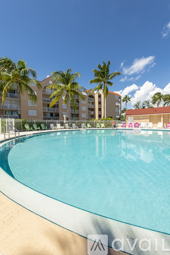 A pool with a building and palm trees in the background.
