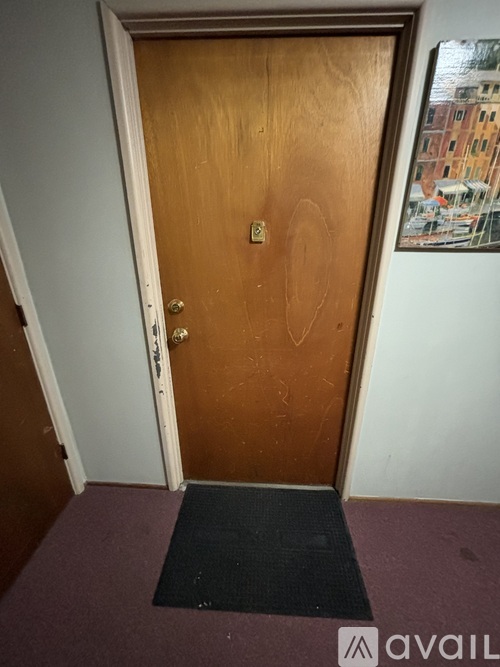 A brown door with a black mat in front of it.