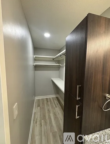 A hallway with a wooden door on the right.