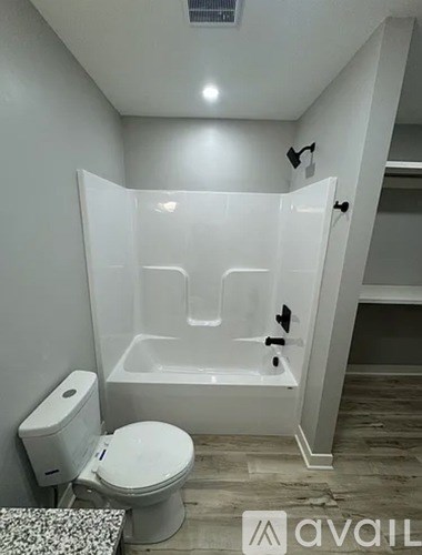 A white toilet sits next to a walk-in shower in a bathroom.