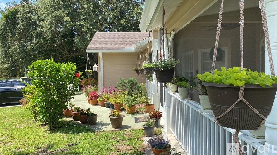 A house with a white fence and a variety of potted plants on the front porch.