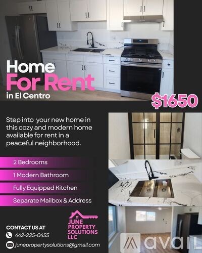 A flyer advertises a home for rent in El Centro, featuring a kitchen with white cabinets and a price of $1650.